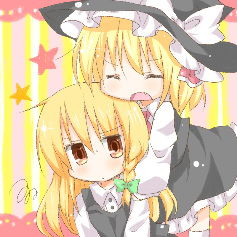annoyed, ascot, bad_id, black_dress, blonde_hair, bow, braid, chibi