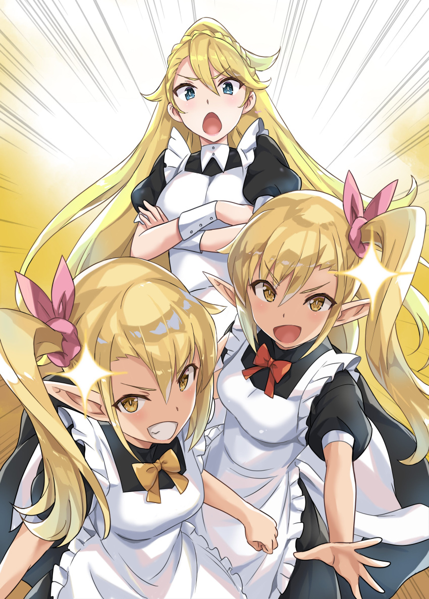 3girls, :d, absurdres, apron, arided_(kuro_no_senki), black_dress, blonde_hair, blue_eyes
