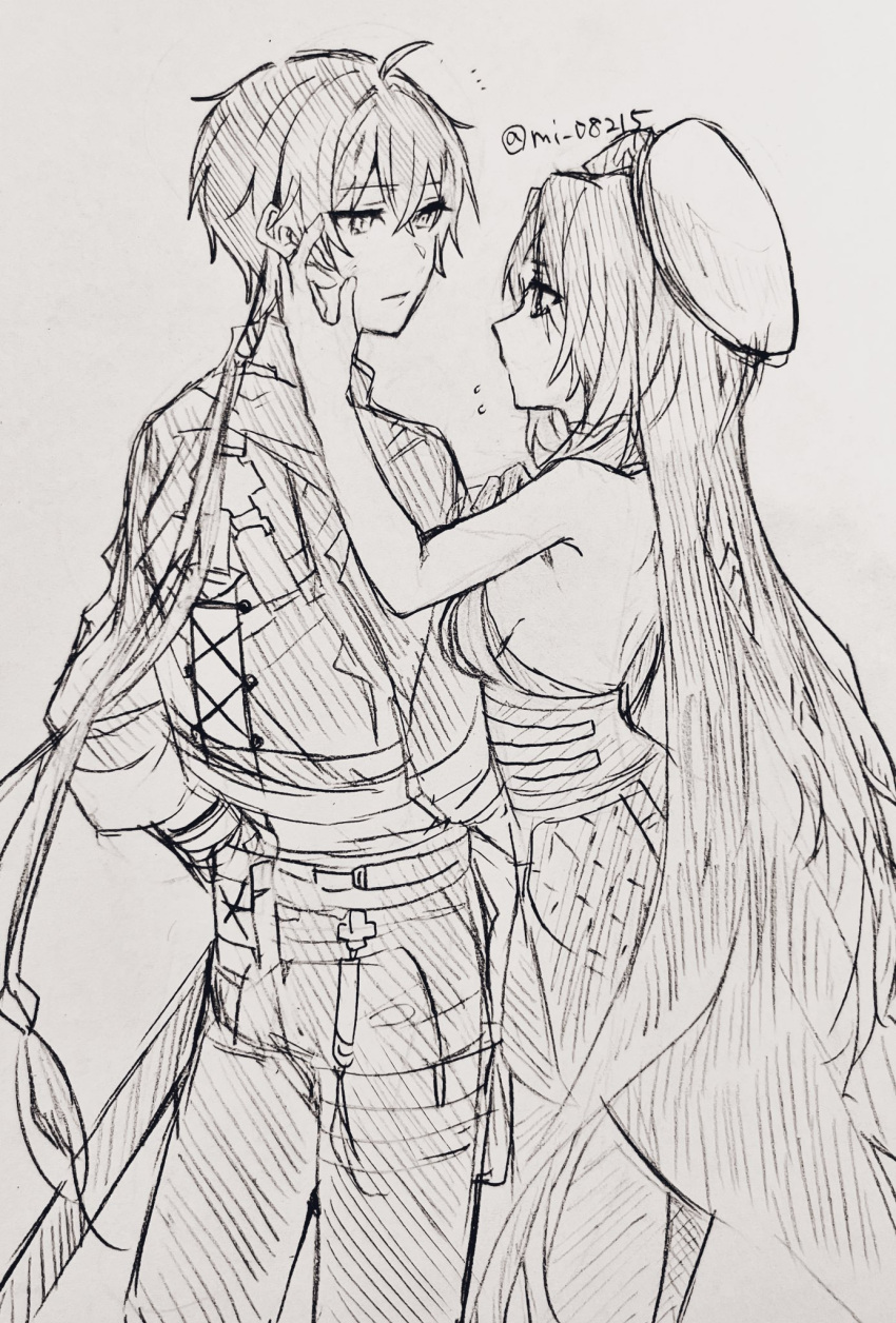 1boy, 1girl, from_behind, hand_on_another's_face, hat, hatching_(texture), highres, long_hair