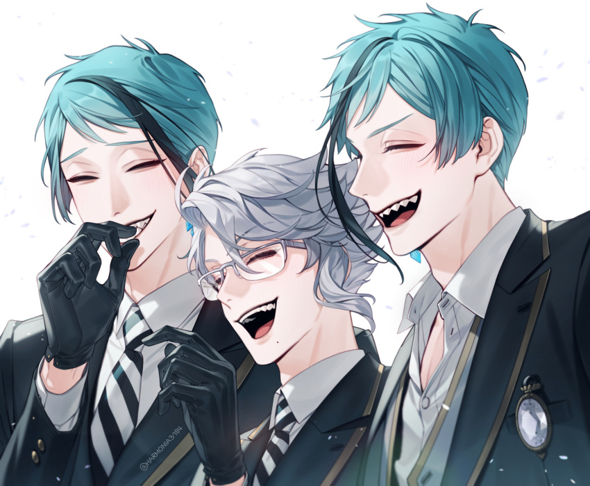 3boys, amandasu, azul_ashengrotto, black_gloves, blue_hair, blush, brothers, closed_eyes
