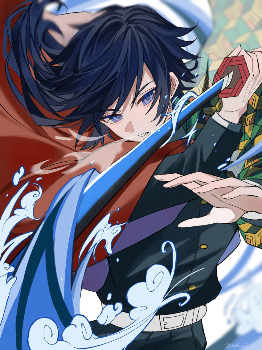 1boy, belt, black_hair, black_jacket, black_pants, blue_eyes, buttons, demon_slayer_uniform
