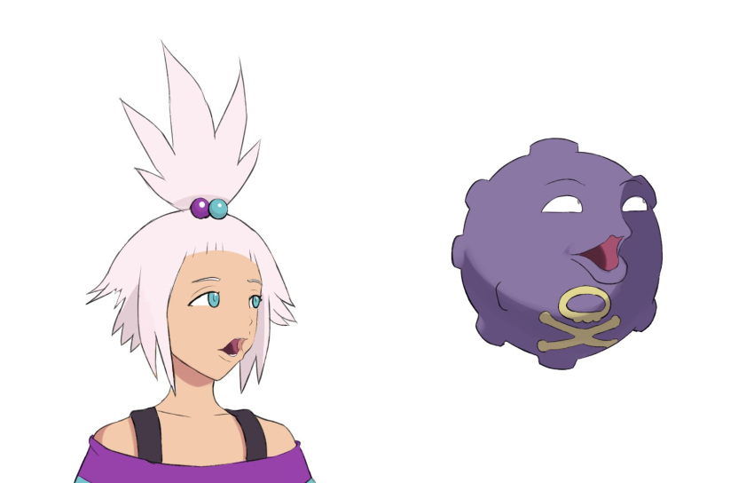 1girl, blue_eyes, commentary, commission, countgate, dress, english_commentary, hair_bobbles, hair_ornament, highres, koffing, looking_to_the_side, meme, multicolored_hair_bobbles, off-shoulder_dress, off_shoulder, open_mouth, pogchamp_(meme), pokemon, pokemon_(creature), pokemon_bw2, roxie_(pokemon), short_hair, simple_background, topknot, upper_body, white_background, white_hair