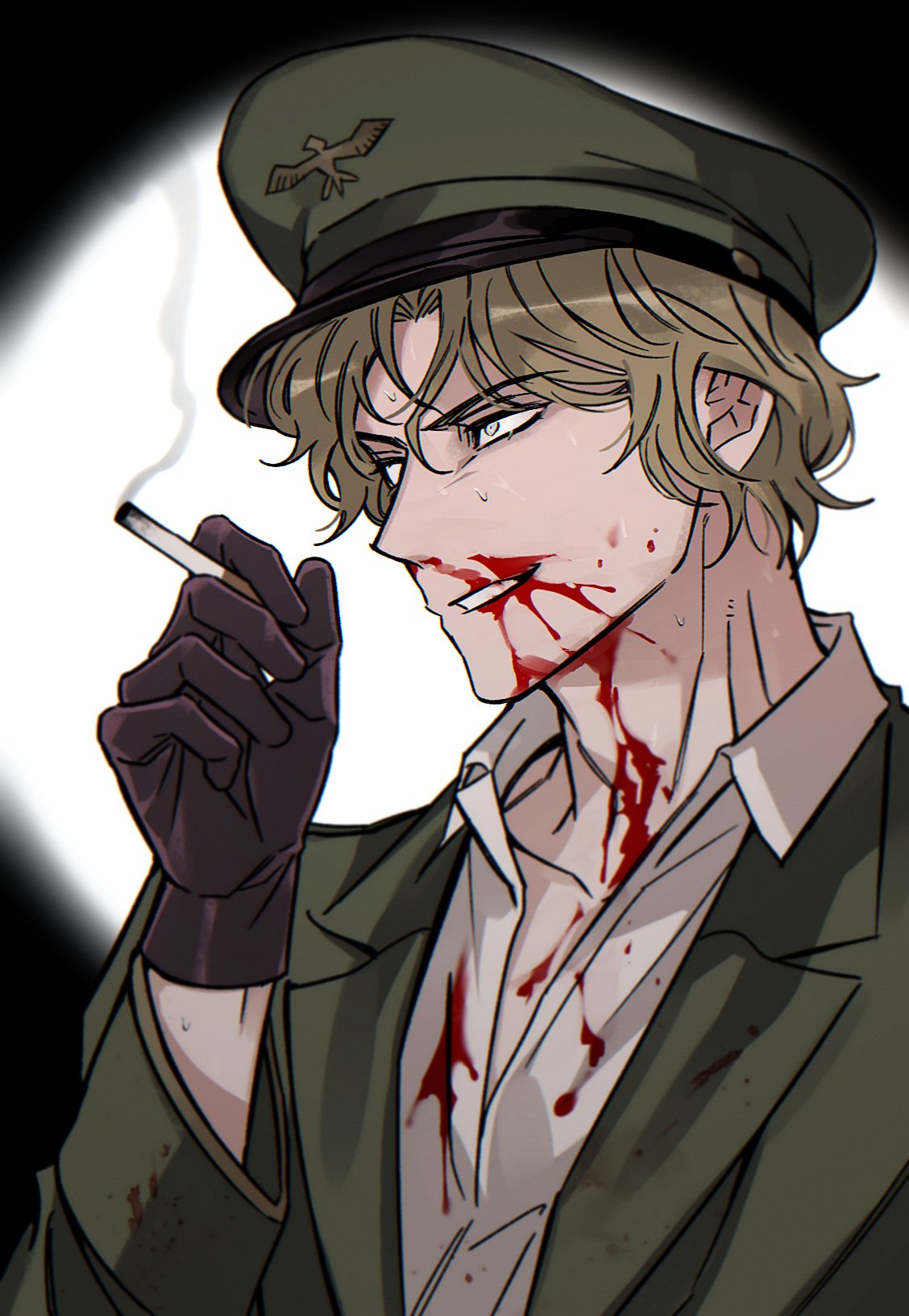 1boy, blonde_hair, blood, blood_on_clothes, blood_on_face, blood_on_neck, brown_gloves, cigarette, collared_shirt, commentary_request, fear_&amp;_hunger_(series), fear_&amp;_hunger_2:_termina, gloves, green_hat, green_jacket, grin, hat, highres, holding, holding_cigarette, jacket, korean_commentary, long_sleeves, male_focus, military_hat, military_uniform, nosebleed, pav_(fear_&amp;_hunger), peaked_cap, shirt, smile, smoking, solo, ssom_omo, upper_body, white_shirt, yellow_eyes