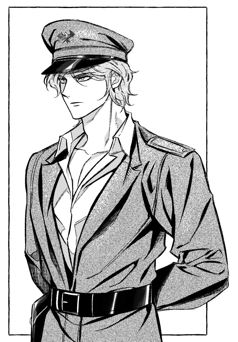 1boy, arms_behind_back, belt, closed_mouth, collarbone, collared_shirt, commentary_request, fear_&amp;_hunger_(series)