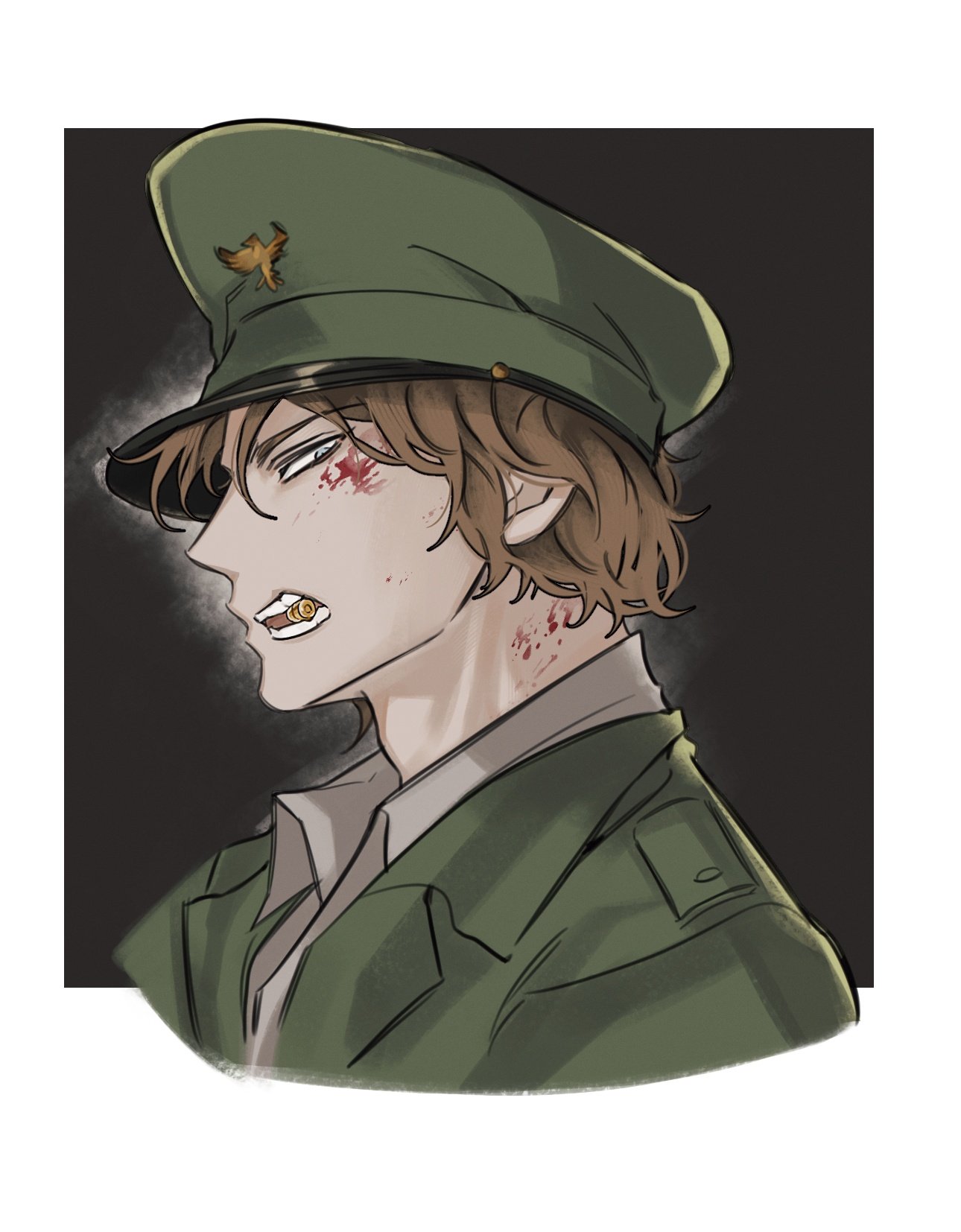 1boy, black_background, blonde_hair, blood, blood_on_face, border, bullet_biting, commentary_request, cropped_shirt, fear_&amp;_hunger_(series), fear_&amp;_hunger_2:_termina, green_hat, green_jacket, hat, highres, jacket, korean_commentary, looking_at_viewer, male_focus, military_hat, military_uniform, outside_border, pav_(fear_&amp;_hunger), peaked_cap, sideways_glance, solo, ssom_omo, teeth, white_border