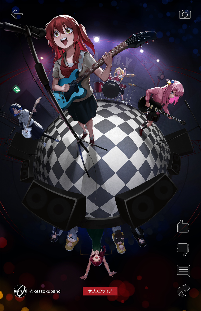 6+girls, absurdres, ahoge, band_(music), bass_guitar, black_hair, black_skirt, blonde_hair
