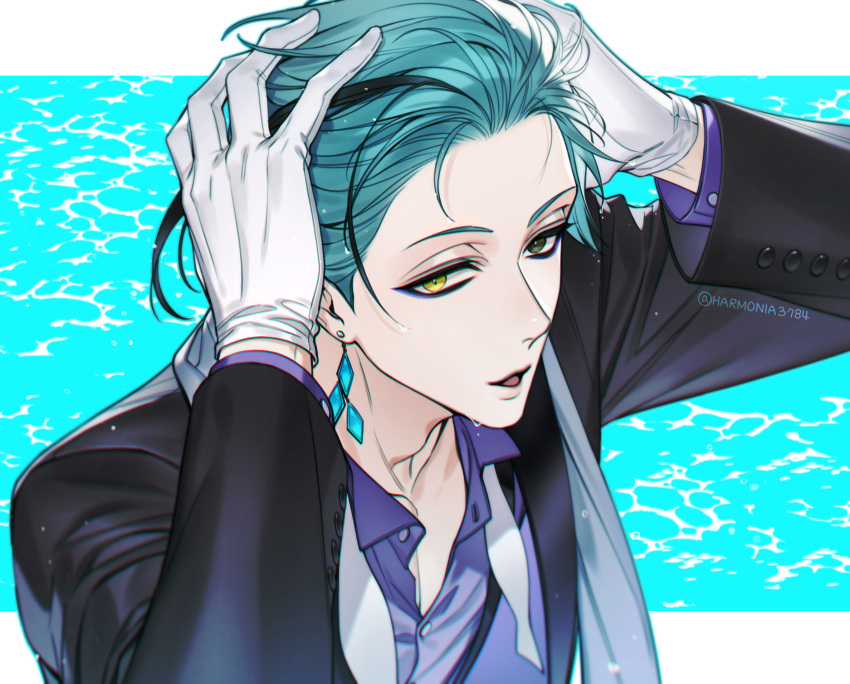 1boy, adam's_apple, amandasu, black_eyes, blue_eyeliner, blue_hair, collared_shirt, commentary