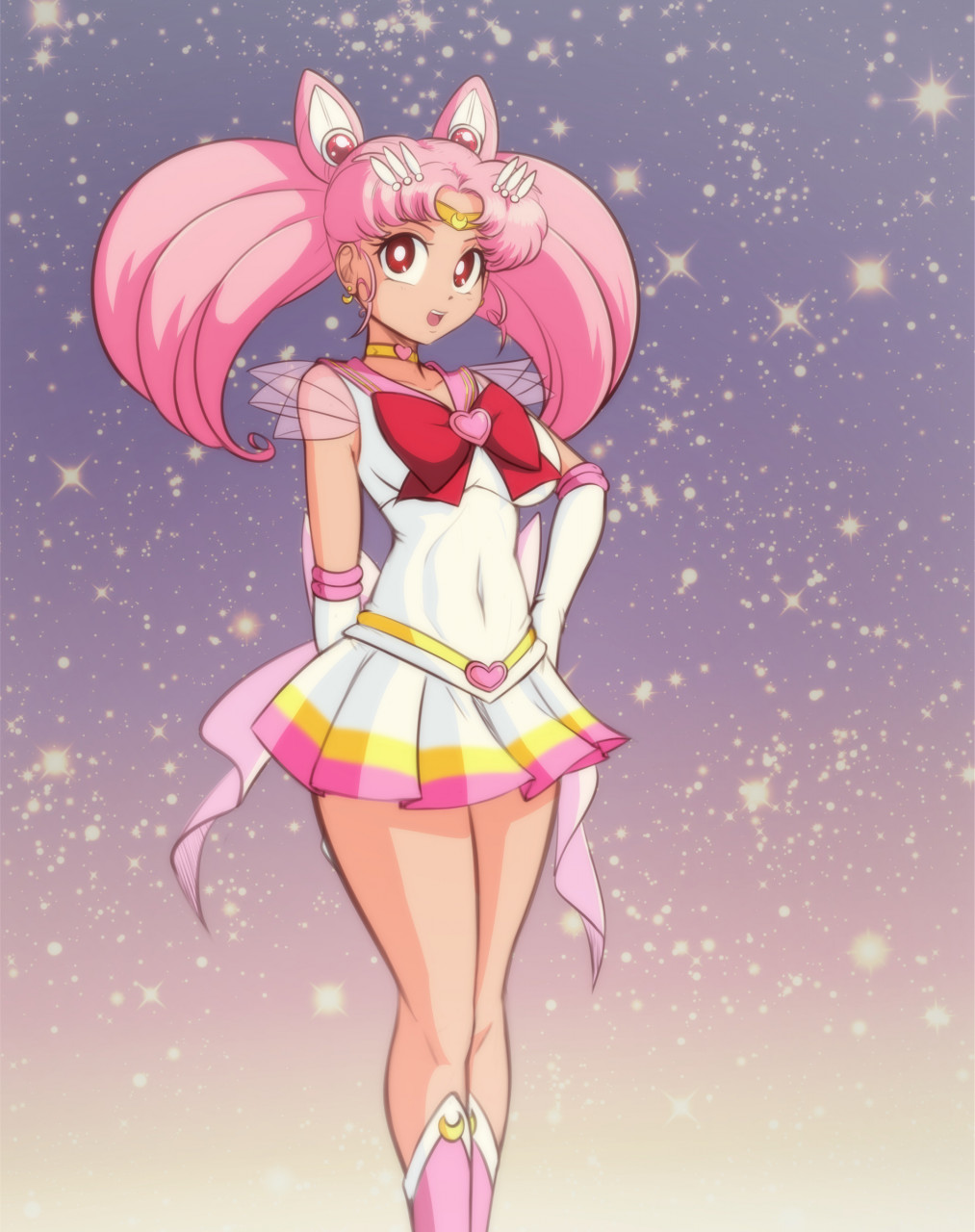 1girl, aged_up, bishoujo_senshi_sailor_moon, bishoujo_senshi_sailor_moon_supers, boots, breasts, brooch, chibi_usa, choker, circlet, cone_hair_bun, covered_navel, crisis_moon_compact, crystal_carillon, double_bun, elbow_gloves, gloves, hair_bun, hair_ornament, heart, heart_brooch, heart_choker, highres, jewelry, medium_breasts, pink_boots, pink_hair, pink_sailor_collar, pink_skirt, sailor_chibi_moon, sailor_collar, sailor_senshi_uniform, scorpdk, skirt, smile, solo, super_sailor_chibi_moon, twintails, white_gloves, white_skirt, yellow_skirt