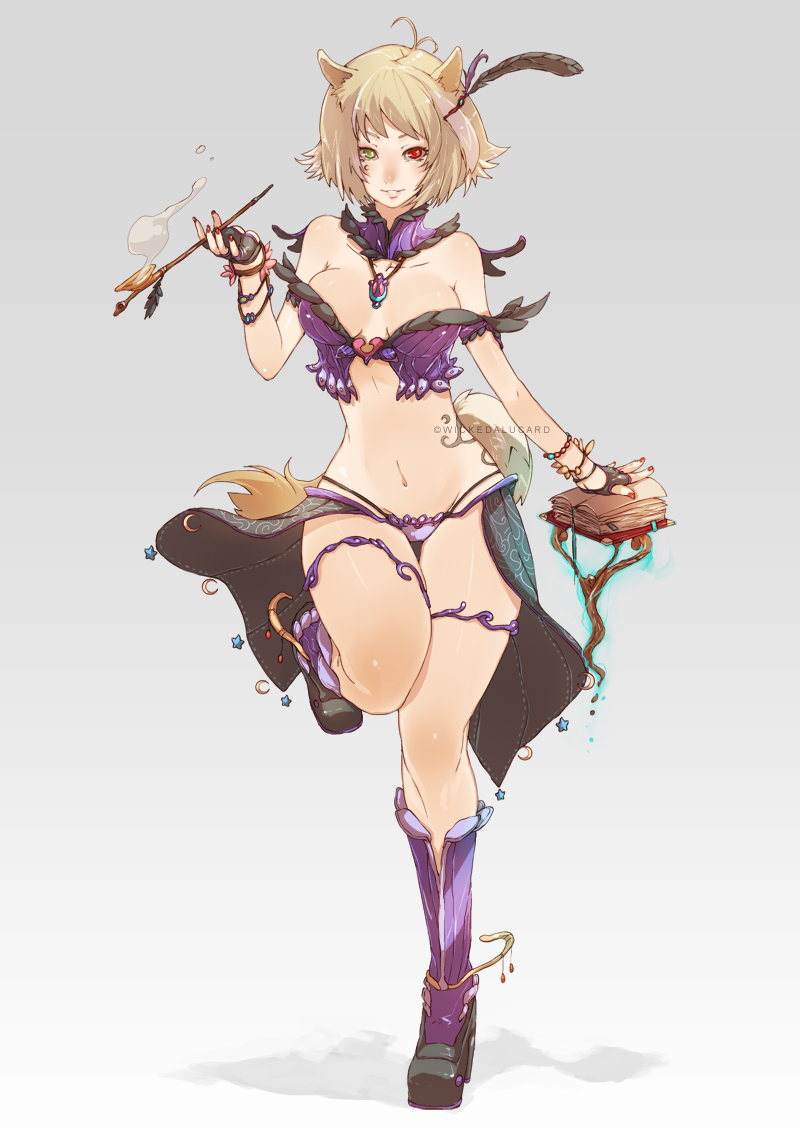 book, boots, bracelet, breasts, cleavage, collarbone, crescent, feathers, fingerless_gloves, gloves, hair_feathers, hair_ornament, hairclip, heterochromia, ian_olympia, jewelry, midriff, nail_polish, navel, necklace, original, pipe, short_hair, smoke, smoking, solo, star, tail, tattoo, wolf_ears, wolf_tail