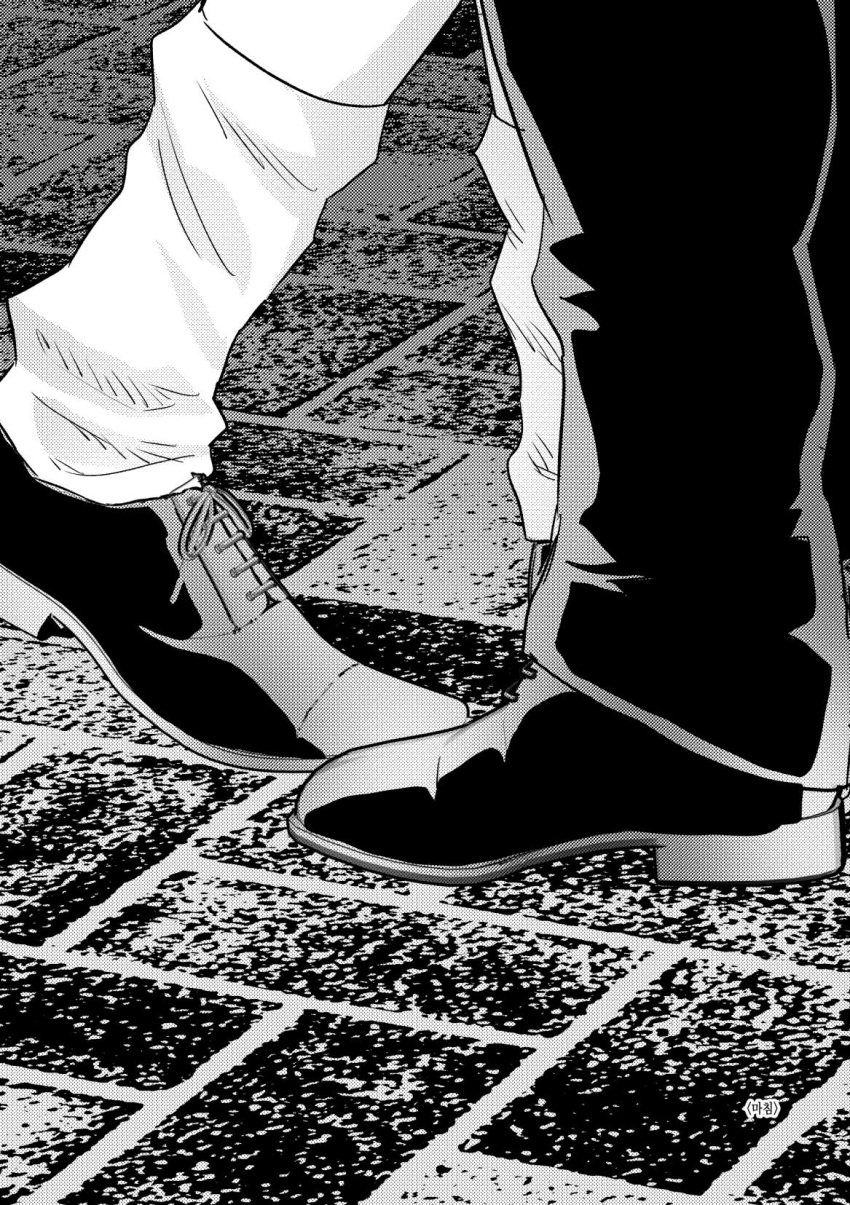1boy, 1girl, anakiss, commentary_request, feet, foot_focus, greyscale, highres