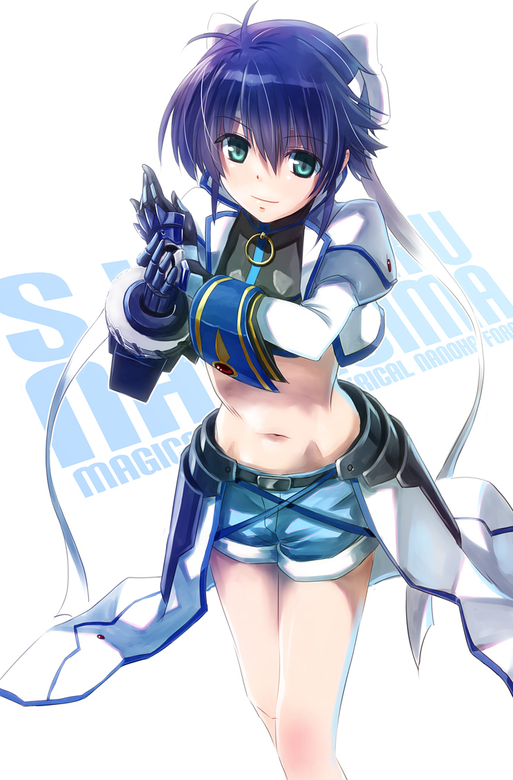 blue_hair, lyrical_nanoha, mahou_senki_lyrical_nanoha_force, mahou_shoujo_lyrical_nanoha, mahou_shoujo_lyrical_nanoha_strikers, midriff, navel, revolver_knuckle, smile, solo, subaru_nakajima, sword_breaker, yone