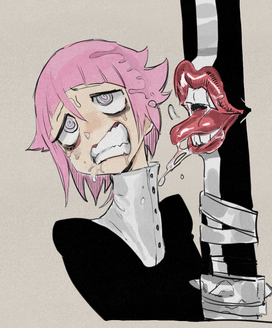 1other, @_@, clenched_teeth, commentary, crona_(soul_eater), dancho_no_mori, grey_background, grey_eyes