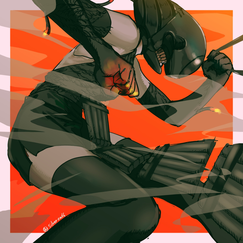 1girl, apron, black_apron, black_shorts, black_thighhighs, bomb_devil_(chainsaw_man), chainsaw_man, clenched_hands