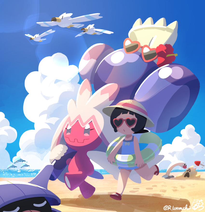 2girls, beach, black_hair, blue_one-piece_swimsuit, blue_sky, botamochi_(exwelder), colored_skin, fangs