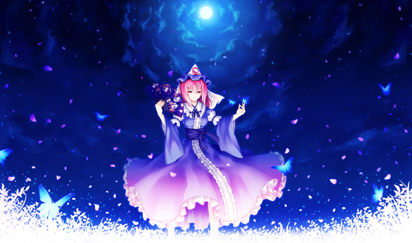 aka_(shoumae), bad_id, butterfly, fan, folding_fan, full_moon, hat, moon