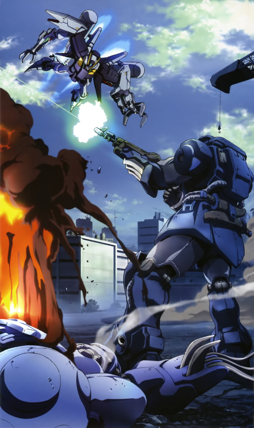 absurdres, aiming, arm_cannon, artist_request, battle, beam_cannon, beam_rifle, building