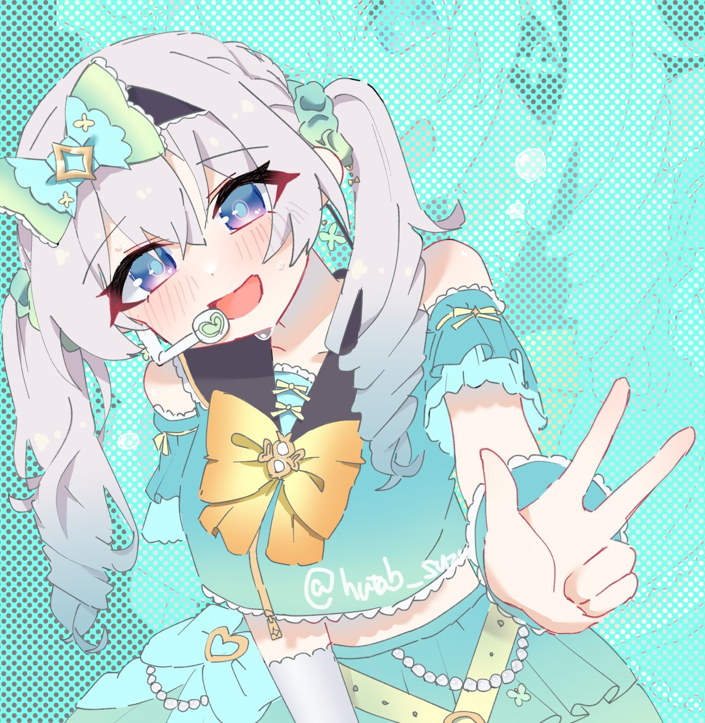 1girl, aqua_shirt, aqua_skirt, black_collar, blush, bow, bowtie, collar