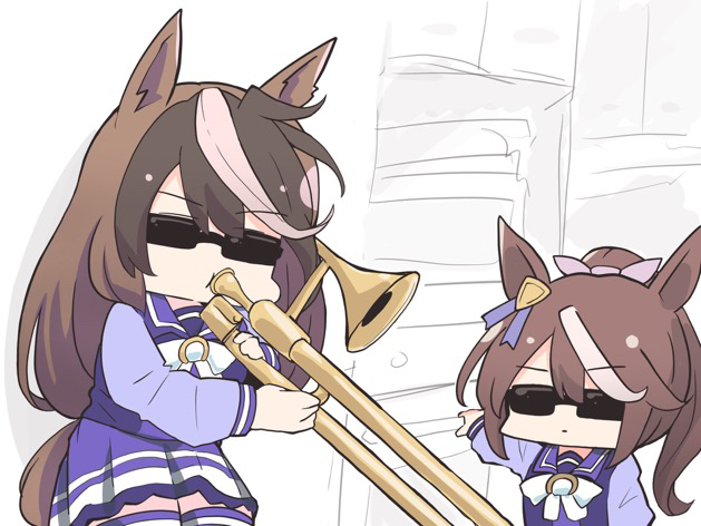 2girls, animal_ears, bow, brown_hair, hair_between_eyes, hair_ribbon, holding, holding_instrument