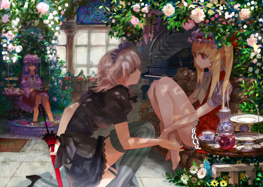 alternate_costume, bare_legs, barefoot, blonde_hair, book, cup, feet_in_water, flandre_scarlet, flower, garter_straps, hat, indoors, instrument, izayoi_sakuya, leaf, legs, long_hair, maid, maid_headdress, multiple_girls, ochurucchuru, one_knee, patchouli_knowledge, piano, pink_rose, purple_hair, reading, red_eyes, rose, saucer, shade, short_hair, side_ponytail, silver_hair, soaking_feet, stairs, table, tea_set, teacup, teapot, tears, thigh-highs, thighhighs, touhou, umbrella, vertical-striped_legwear, vertical_stripes, water