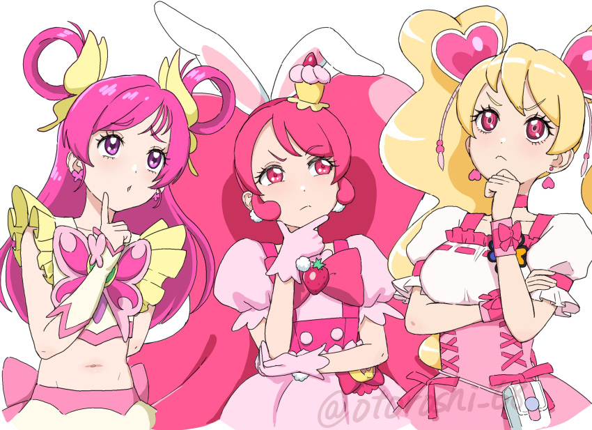 3girls, animal_ears, blonde_hair, bow, butterfly_hair_ornament, cake_hair_ornament, choker, cure_dream
