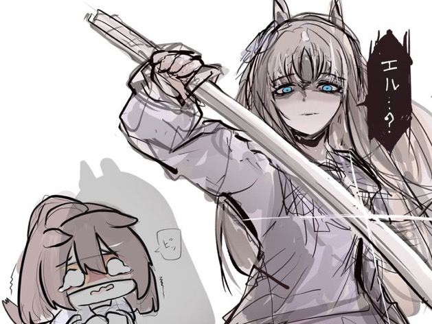 2girls, animal_ears, arm_up, blue_eyes, brown_hair, chibi, el_condor_pasa_(umamusume), eye_mask