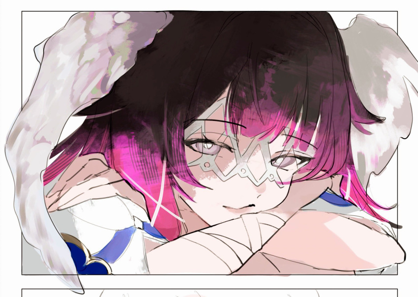 1girl, black_hair, blunt_bangs, border, bright_pupils, close-up, closed_mouth, columbina_(genshin_impact), crossed_arms, genshin_impact, gradient_hair, grey_eyes, hands_on_own_shoulders, head_on_arm, head_rest, head_wings, highres, looking_at_viewer, multicolored_hair, pink_hair, pink_lips, sa_3987, simple_background, solo, unfinished, white_background, white_border, white_pupils, white_wings, wings