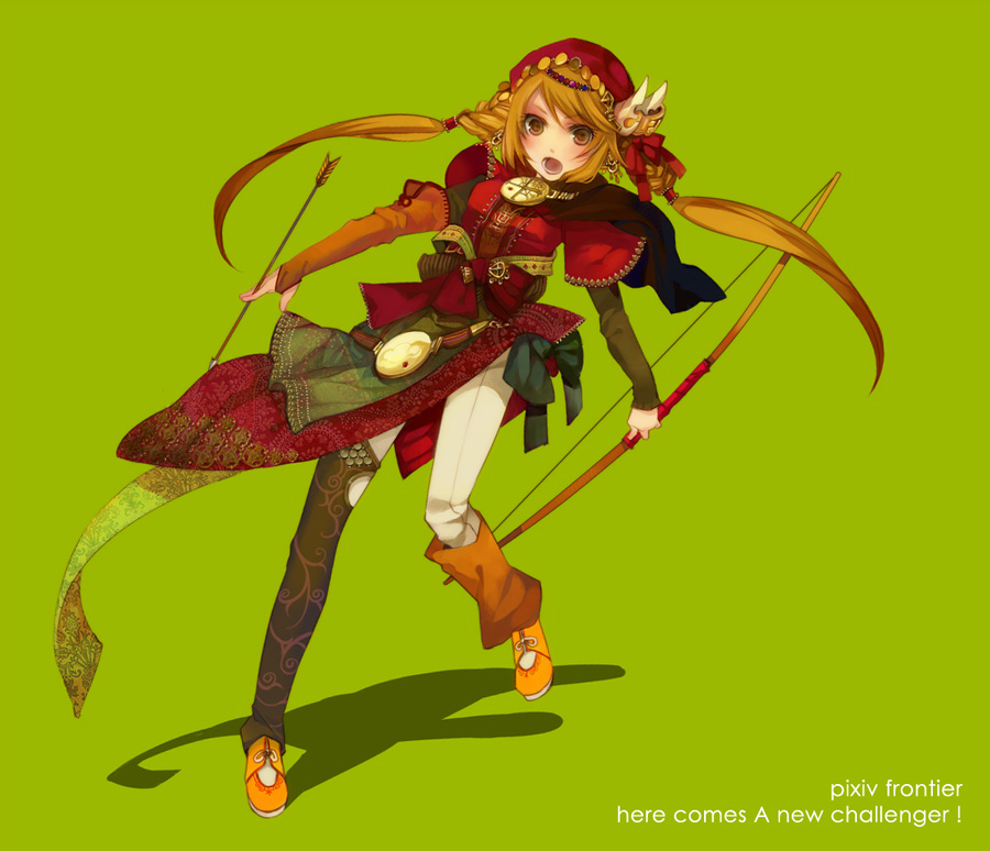 asymmetrical_clothes, asymmetrical_clothing, blonde_hair, bow_(weapon), braid, brown_eyes, hair_ribbon, kyouka_hatori