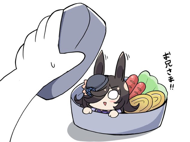 1girl, 1other, :>, animal_ears, bento, black_hair, black_hat, blue_flower, blue_rose, blush_stickers, flower, food, hair_over_one_eye, hat, hat_flower, horse_ears, in_container, kawamochi_(tddm3573), mini_person, minigirl, motion_lines, o_o, omelet, rice_shower_(umamusume), rose, sausage, shadow, simple_background, small_sweatdrop, smile, sweat, tamagoyaki, tilted_headwear, translation_request, triangle_mouth, umamusume, v-shaped_eyebrows, white_background