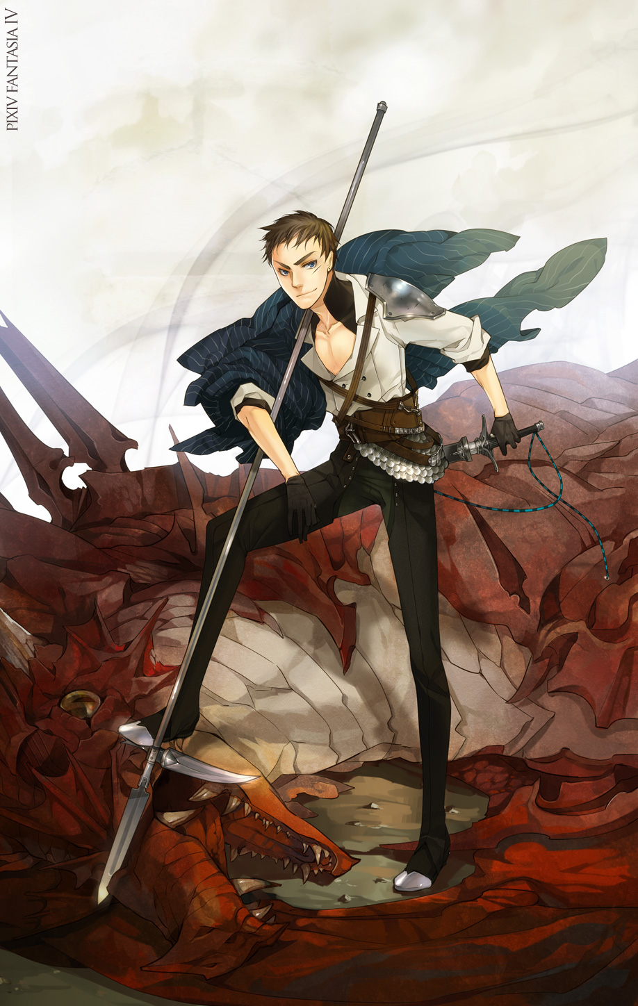 armor, belt, blue_eyes, brown_hair, chaps, dragon, fantasy, gloves