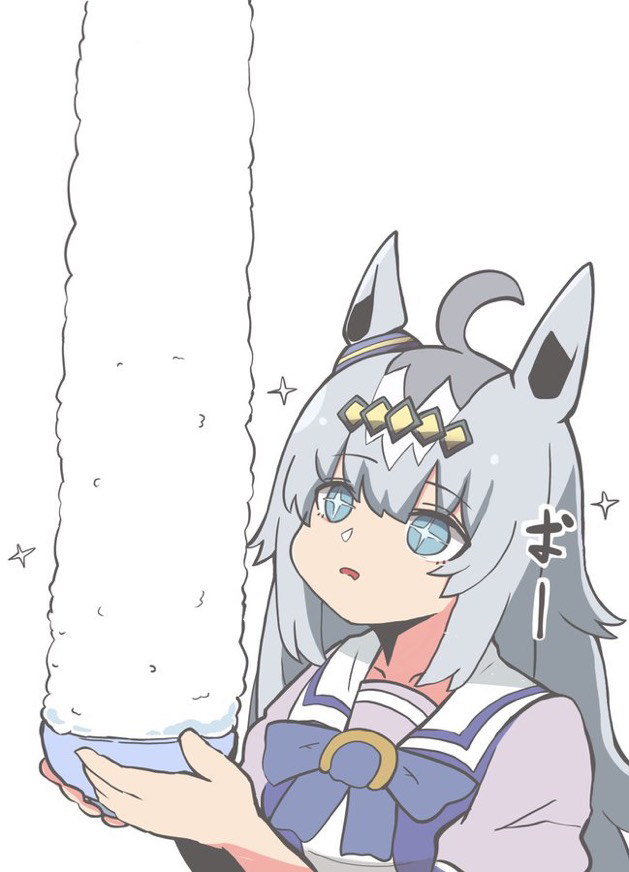 +_+, 1girl, ahoge, animal_ears, blue_bow, blue_eyes, bow, bowl, grey_hair, holding, holding_bowl, horse_ears, kawamochi_(tddm3573), long_hair, multicolored_hair, oguri_cap_(umamusume), parted_lips, puffy_short_sleeves, puffy_sleeves, purple_shirt, rice, rice_bowl, school_uniform, shirt, short_sleeves, simple_background, solo, tracen_school_uniform, translation_request, two-tone_hair, umamusume, upper_body, white_background, white_hair