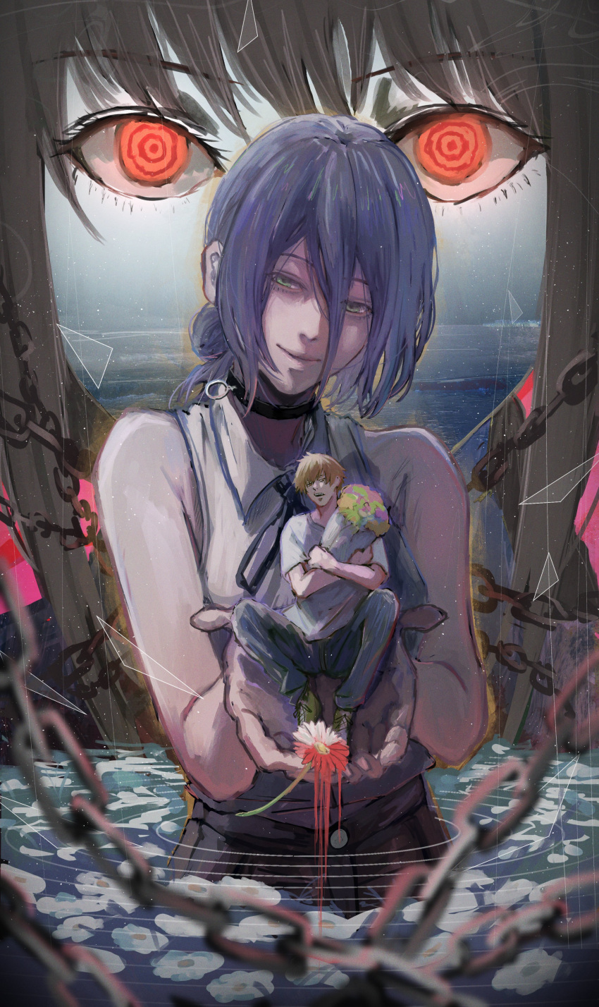 1boy, 2girls, absurdres, black_choker, blonde_hair, blood, blue_hair, chain, chainsaw_man, choker, closed_mouth, collared_shirt, denji_(chainsaw_man), dokudokuo, flower, green_eyes, grenade_pin, grey_shirt, hair_between_eyes, hair_bun, highres, makima_(chainsaw_man), multiple_girls, partially_submerged, red_eyes, reze_(chainsaw_man), ringed_eyes, shirt, short_hair, sleeveless, sleeveless_shirt, white_flower