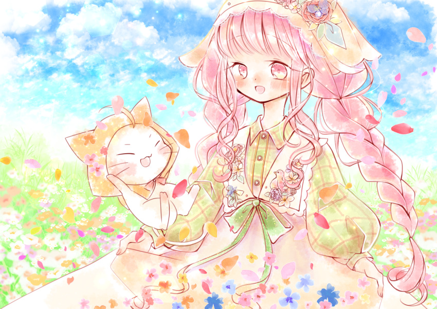 1girl, ^_^, ahoge, animal, animal_print, apron, apron_hold, bird_print