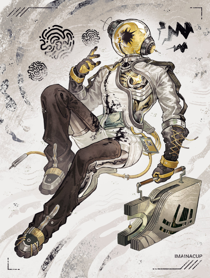 1boy, absurdres, black_boots, black_gloves, boots, broken_helmet, ferrofluid, fishbowl_helmet