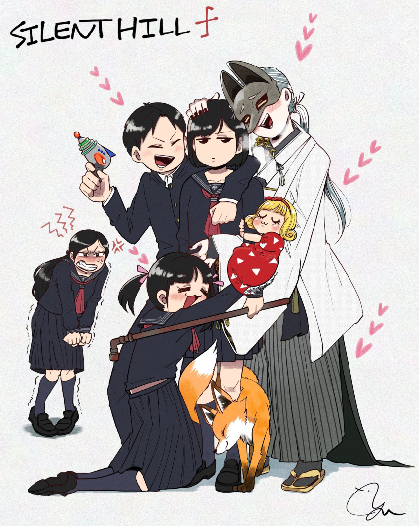2boys, 3girls, anger_vein, angry, animal, arm_around_shoulder, black_eyes, black_hair, black_nails, black_shoes, blonde_hair, blue_sailor_collar, blue_shirt, blue_skirt, blue_socks, copyright_name, doll, dress, fox, fox_mask, full_body, gakuran, grey_hair, hair_ribbon, hakama, heart, highres, hug, japanese_clothes, jitome, kimono, kneehighs, kneeling, loafers, long_hair, long_sleeves, mask, medium_hair, multiple_boys, multiple_girls, neckerchief, nuzzle, ohyou_wake, parted_bangs, pink_ribbon, pleated_skirt, ponytail, red_dress, red_neckerchief, ribbon, sailor_collar, sandals, school_uniform, serafuku, shaking, shirt, shoes, short_hair, signature, silent_hill_(series), silent_hill_f, simple_background, skirt, socks, spoken_anger_vein, standing, tabi, twintails, wide_sleeves, zouri
