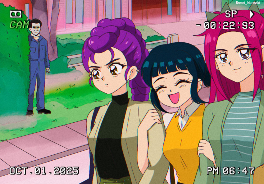 1990s_(style), 3girls, black_hair, braid, brenni_murasaki, earrings, hair_bun, halloween_(movie)