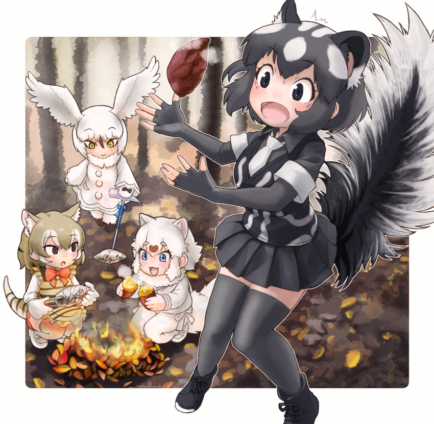 4girls, :d, ^^^, animal_ears, apron, baked_potato, bird_girl, bird_wings