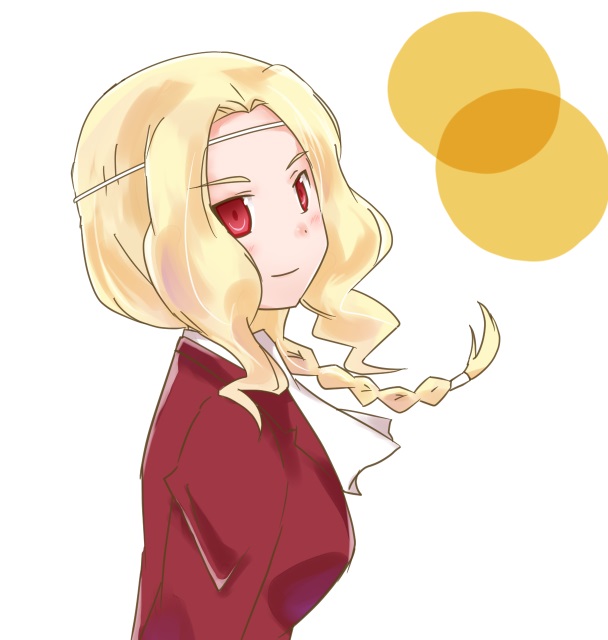 1girl, ascot, blonde_hair, blush, braid, breasts, closed_mouth, commentary_request