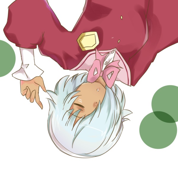 1girl, :o, closed_eyes, commentary_request, facing_viewer, grey_hair, hair_over_one_eye, hairband, hand_up, jacket, kami_nomi_zo_shiru_sekai, long_sleeves, mercurius_(kaminomi), neck_ribbon, one_eye_covered, parted_lips, pink_ribbon, pink_sailor_collar, puffy_sleeves, red_jacket, ribbon, sailor_collar, shirt, short_hair, simple_background, sleeping, solo, tan, teruru100, three-quarter_sleeves, upper_body, upside-down, white_background, white_hairband, white_shirt