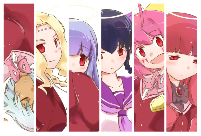 6+girls, :d, :o, apollo_(kaminomi), black_hair, blonde_hair, blue_hair, blunt_bangs