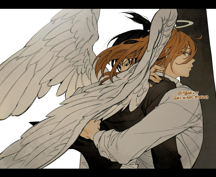 2boys, angel, angel_devil_(chainsaw_man), artist_name, black_jacket, black_necktie, black_suit, business_suit