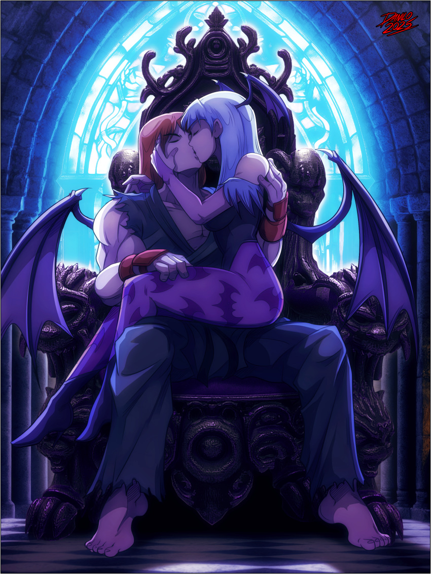 absurdres, barefoot, bat_wings, boots, capcom, castle, couple, crossover