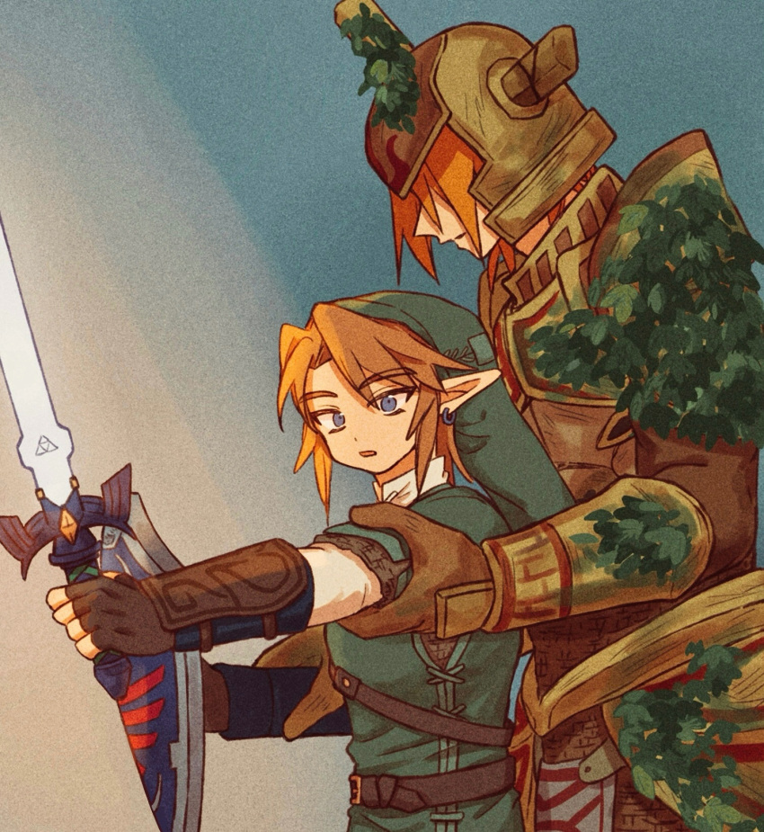 2boys, blonde_hair, champion's_tunic_(zelda), green_tunic, hero's_shade, highres, hylian_shield, link