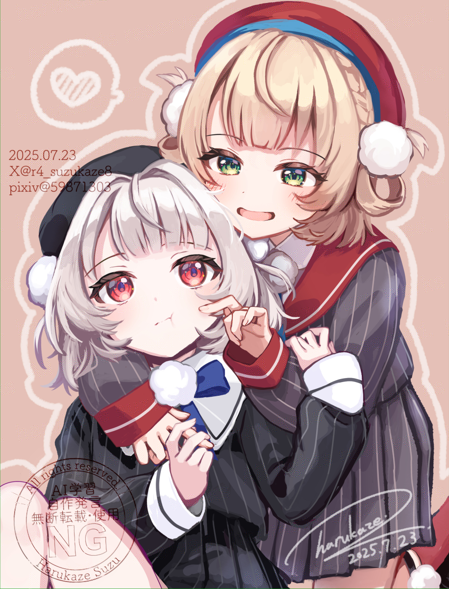 2girls, :t, beret, black_hat, black_jacket, black_skirt, blonde_hair, blue_bow