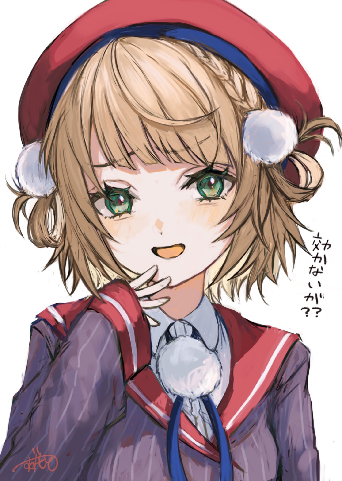 1girl, beret, blonde_hair, blush, braid, collared_shirt, commentary_request, dress_shirt
