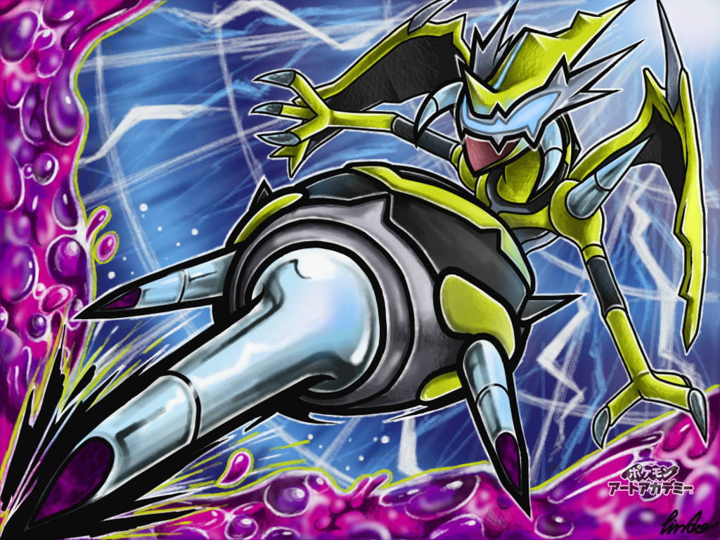 alternate_color, art_academy_(medium), claws, commentary_request, full_body, naganadel, no_humans, open_mouth, poison, pokemon, pokemon_(creature), pokemon_art_academy, pokemon_focus, rindou_(l2_pkmn), shiny_pokemon, signature, solo, stinger, wings