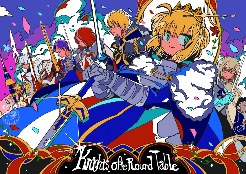 1girl, ahoge, armor, armored_dress, artoria_pendragon_(fate), bedivere_(fate), blonde_hair, braid, braided_bun, caliburn_(fate), dress, excalibur_(fate/stay_night), fate_(series), faulds, gauntlets, gawain_(fate), green_eyes, hair_bun, highres, ima_mo_nao_kangaechuu, knight, knights_of_the_round_table_(fate), knights_of_the_round_uniform, lancelot_(fate/grand_order), multiple_boys, saber_(fate), tristan_(fate)