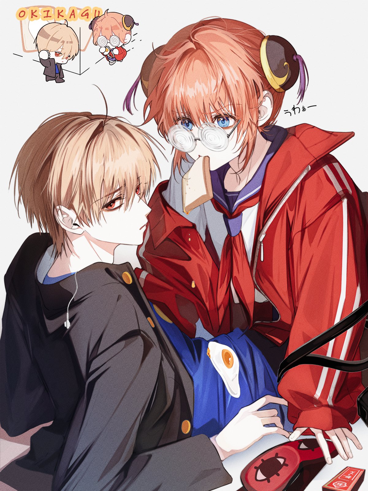 1boy, 1girl, blue_eyes, brown_hair, bun_cover, gintama, girl_on_top, hair_bun