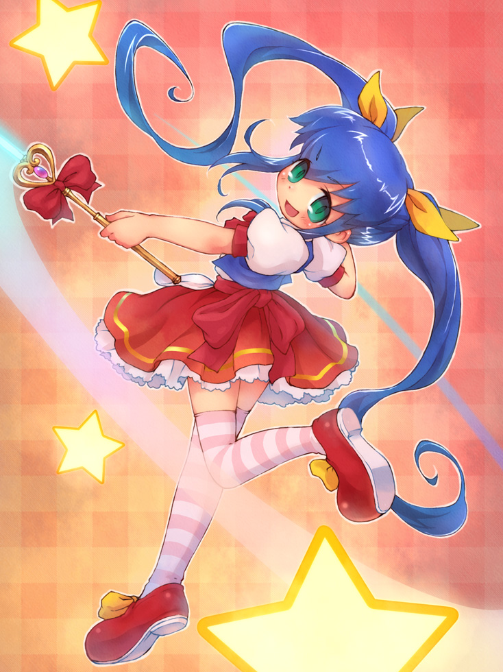 alisa_(kaerunyo_panyon), blue_hair, blush, green_eyes, hair_ribbon, kaerunyo_panyon, long_hair, looking_back, magical_girl, open_mouth, ribbon, sankuma, solo, star, striped, striped_legwear, striped_thighhighs, thigh-highs, thighhighs, twintails, wand, zettai_ryouiki