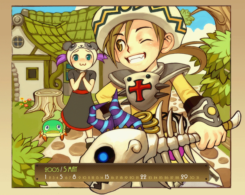:3, animal_ears, artist_request, asgard, belt, black_dress, black_shoes, black_sleeves, blonde_hair, blue_sky, blush, bone_weapon, border, branch, brown_belt, building, clenched_teeth, cleric_(asgard), clerical_collar, clouds, cross, dress, fake_animal_ears, fangs, green_eyes, grin, hat, high_collar, holding, holding_own_hand, holding_weapon, house, latin_cross, leaf, monster, nexon, no_nose, official_art, official_wallpaper, outside_border, panda_ears, panda_hat, ponytail, purple_hair, red_sash, rooftop, sash, second-party_source, shirt, shoes, short_sleeves, short_twintails, sky, smile, stone_walkway, teeth, tree, tree_stump, twintails, weapon, white_hat, window, wrist_guards, yellow_border, yellow_eyes, yellow_pupils, yellow_shirt, yellow_sleeves
