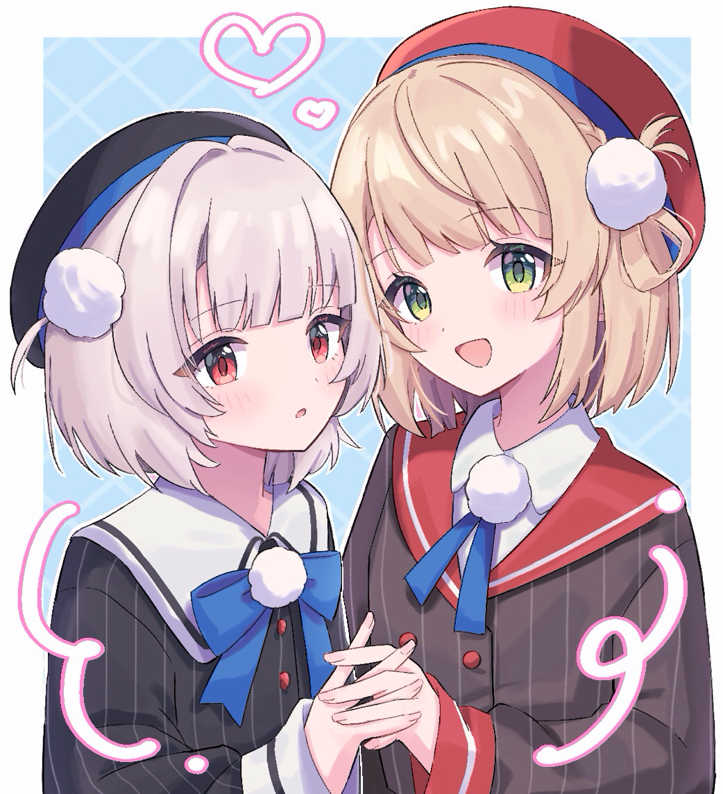 2girls, :d, beret, black_hat, black_jacket, blonde_hair, blue_background, blue_bow